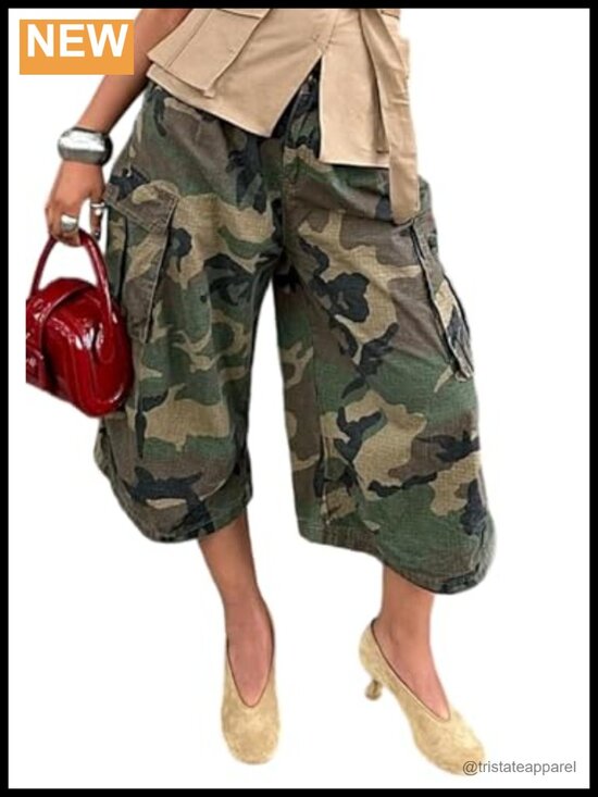 Pants - Camo Cargo Jeans Baggy Wide Leg High Waist Bermuda Capris Army Fatigue Pants